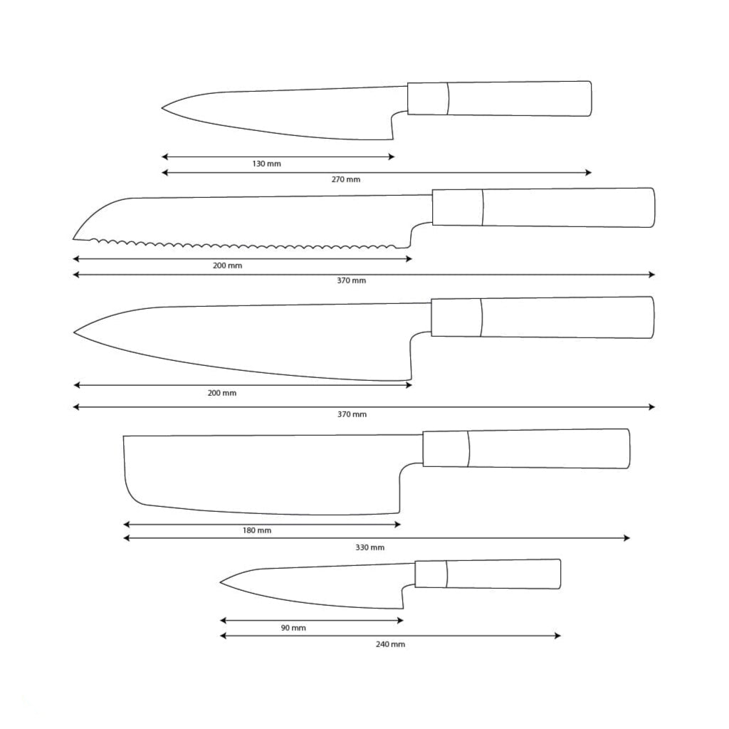 Shinrai Knives – Takumi Kaza 5-teiliges Damastmesser-Set – Kochmesser + Brotmesser + Nakiri + Schälmesser + Schälmesser