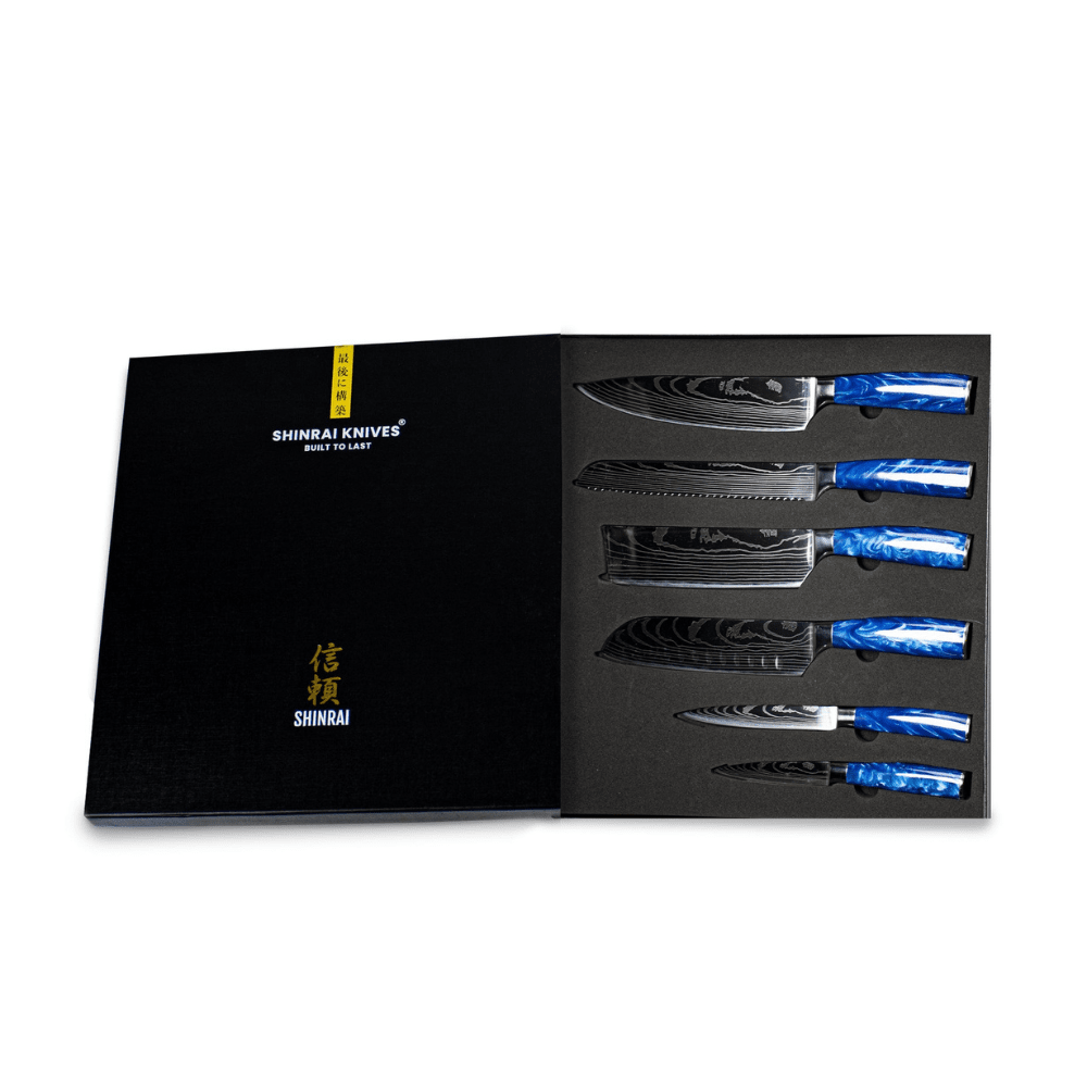 Coffret de 6 couteaux Shinrai en acier damassé saphir époxy + étui double face en acacia avec bloc
