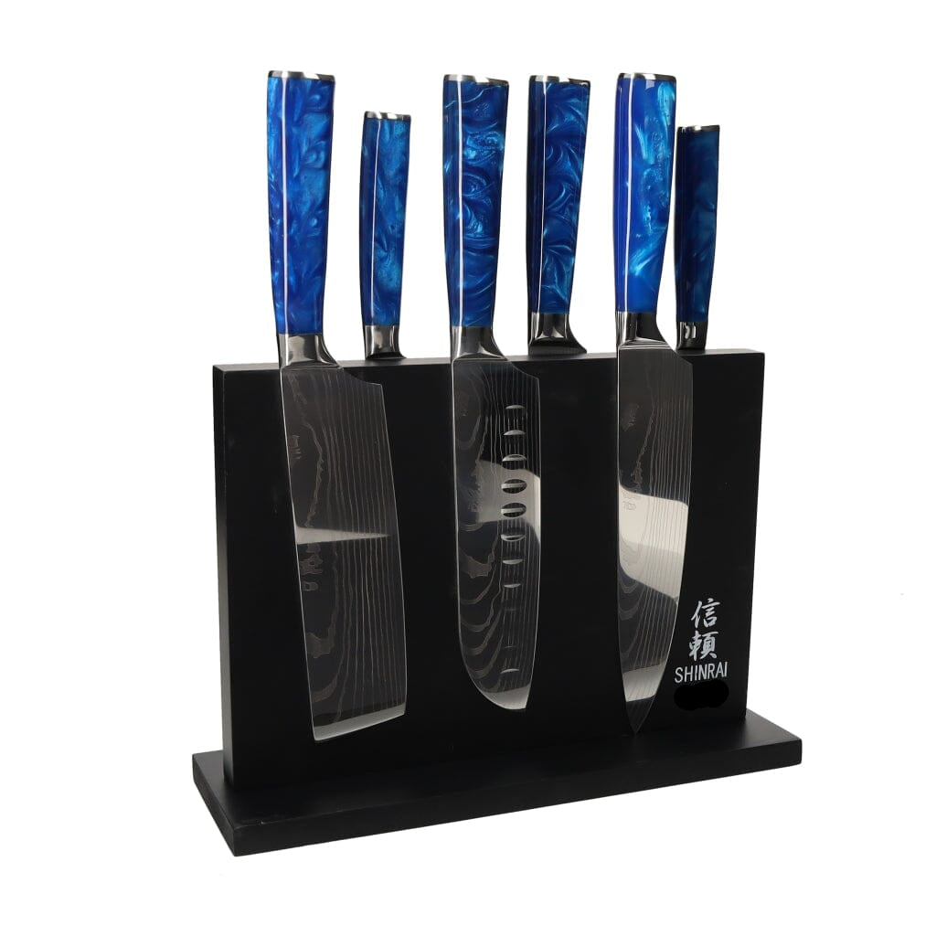 Shinrai Japan - Epoxy Sapphire Damascus Print 6-delige Messenset + Magnetisch Messenblok Dubbelzijdig - Zwart Messenset met blok Shinrai Japan