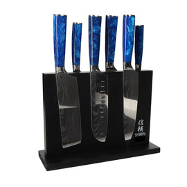 Shinrai Knives – 6-teiliges Messerset mit Epoxid-Saphir-Damaskus-Druck + doppelseitiger magnetischer Messerblock – Schwarz Shinrai Japan - Epoxy Sapphire Damascus Print 6-delige Messenset + Magnetisch Messenblok Dubbelzijdig - Zwart Messenset met blok Shinrai Japan