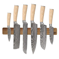 Shinrai Knives - Akari Damascus Print 6-delige Messenset + Messenmagneet Muurstrip - Acaciahout Messenset met blok Shinrai Knives