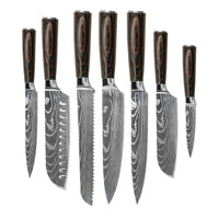 Couteaux Shinrai - Coffret de 7 couteaux à motif damassé + bloc à couteaux + pierre à aiguiser