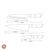Couteaux Shinrai - Coffret 3 pièces Hikari Damascus - Couteau de chef + Santoku + Couteau d'office Coffret de couteaux Couteaux Shinrai