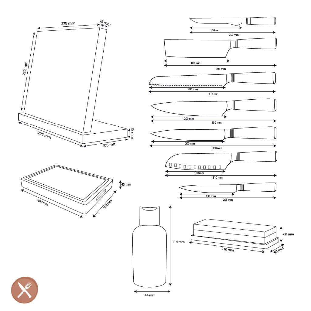 Shinrai Knives - Micarta Jewels Mega Bundel - All you need Messenset met blok, snijplank en slijpsteen Shinrai Knives