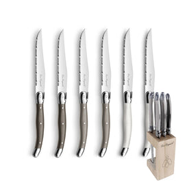 Lou Laguiole - Tradition 6 Steakmesser + Messerblock - Pfeffer/Perle/Taupe Lou Laguiole - 6-pc steak knives in wooden block- mixed colors (pepper/pearl/taupe) Steakmes Lou Laguiole
