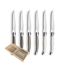 Lou Laguiole - Tradition 6 Steakmesser - Pfeffer/Perle/Taupe Lou Laguiole - 6-pc steak knives in wooden box - mixed color (pepper/pearl/taupe) Steakmes Lou Laguiole