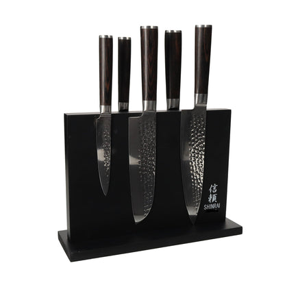 Shinrai Knives – Hammered Damask BR 5-teiliges Messerset + magnetischer Messerblock doppelseitig – Schwarz