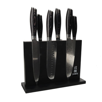 Shinrai Knives - 6-teiliges Messerset aus Damast-Pakkaholz + doppelseitiger magnetischer Messerblock - Schwarz