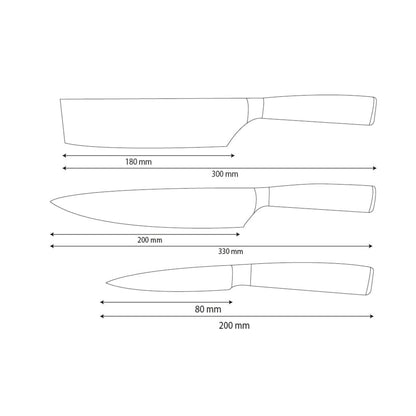 Shinrai Knives – 3-teiliges Messerset aus gehämmertem Edelstahl – Kochmesser + Nakiri + Schälmesser