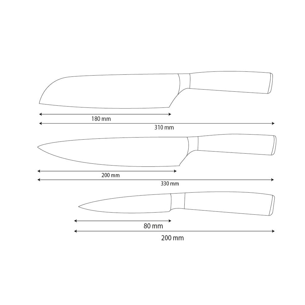 Shinrai Knives – 3-teiliges Messerset aus gehämmertem Edelstahl – Kochmesser + Santoku + Schälmesser