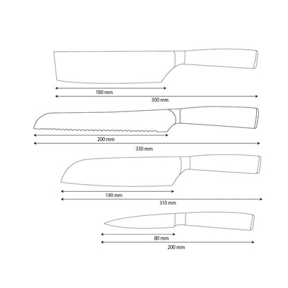 Shinrai Knives - 4-teiliges Messerset aus gehämmertem Edelstahl - Santoku + Brotmesser + Nakiri + Schälmesser