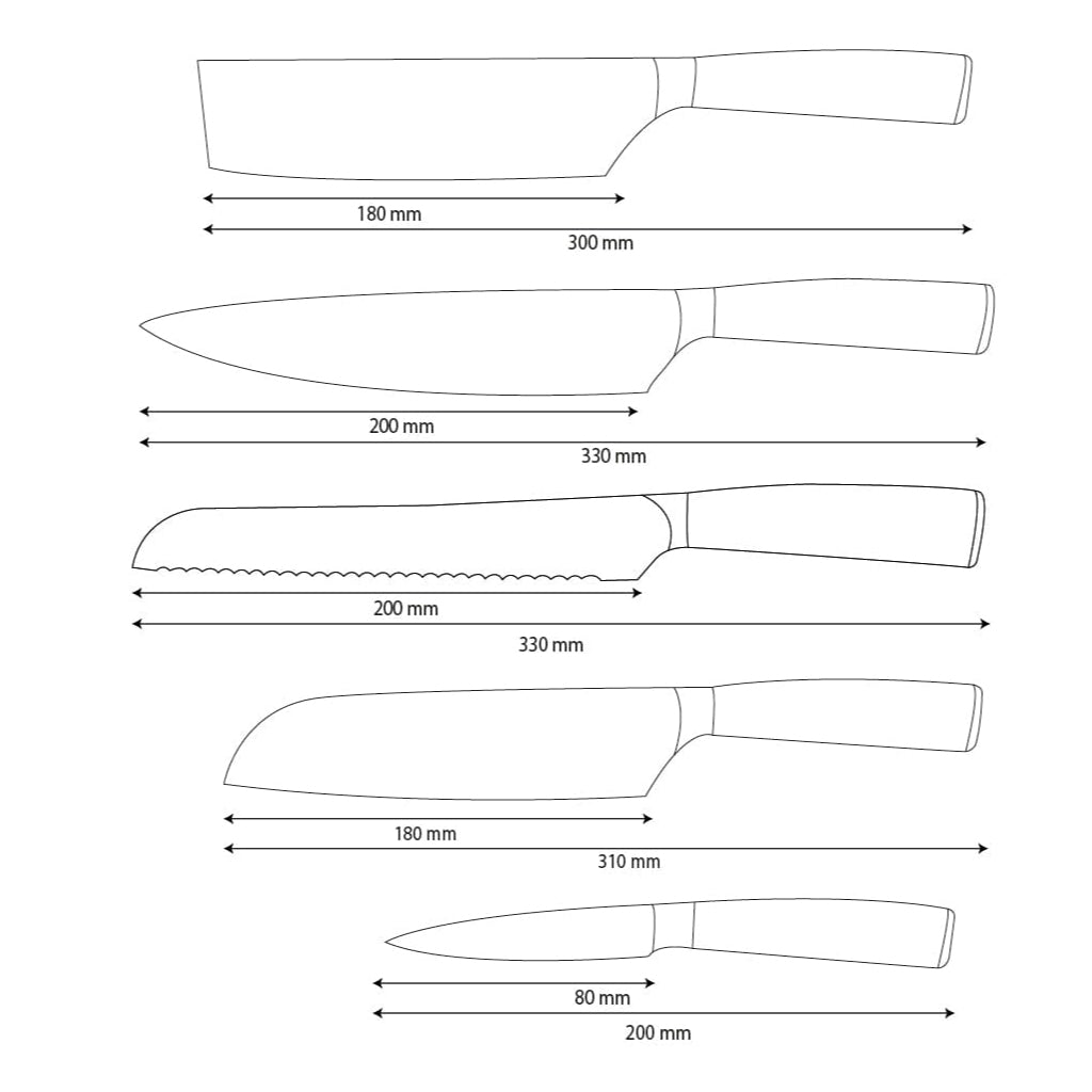 Shinrai Knives – 5-teiliges Messerset aus gehämmertem Edelstahl – Kochmesser + Brotmesser + Nakiri + Santoku + Schälmesser