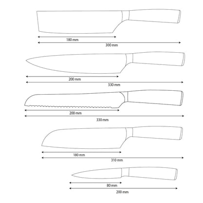 Shinrai Knives – 5-teiliges Messerset aus gehämmertem Edelstahl – Kochmesser + Brotmesser + Nakiri + Santoku + Schälmesser