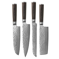 Shinrai Knives - Hammered Damask BR 4-teiliges Messerset - Kochmesser + Nakiri + Santoku + Brotmesser