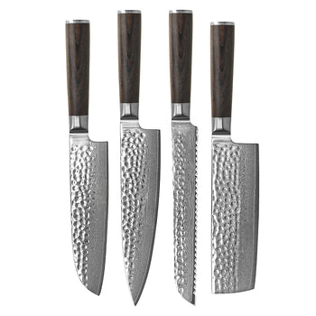 Shinrai Knives - Hammered Damask BR 4-teiliges Messerset - Kochmesser + Nakiri + Santoku + Brotmesser