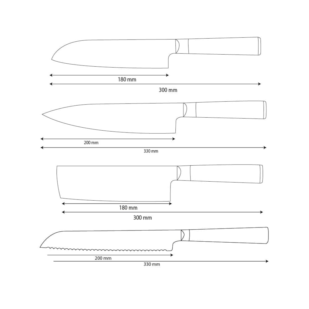 Shinrai Knives - Hammered Damask BR 4-teiliges Messerset - Kochmesser + Nakiri + Santoku + Brotmesser