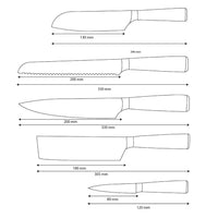 Shinrai Knives – 5-teiliges Messerset mit Damaszener-Print – Kochmesser + Brotmesser + Nakiri + kleines Santoku + Schälmesser