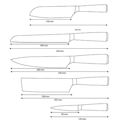 Shinrai Knives – 5-teiliges Messerset mit Damaszener-Print – Kochmesser + Brotmesser + Nakiri + kleines Santoku + Schälmesser