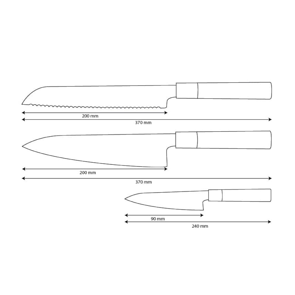 Shinrai Knives – Takumi Kaza 3-teiliges Damastmesser-Set – Kochmesser + Brotmesser + Schälmesser