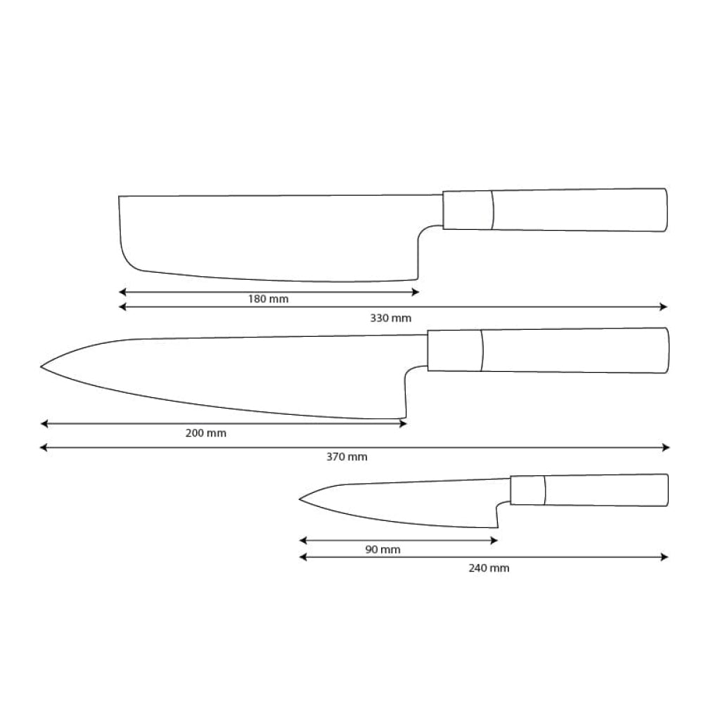 Shinrai Knives – Takumi Kaza 3-teiliges Damastmesser-Set – Kochmesser + Nakiri + Schälmesser