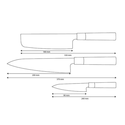Shinrai Knives – Takumi Kaza 3-teiliges Damastmesser-Set – Kochmesser + Nakiri + Schälmesser