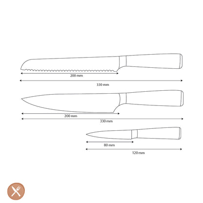 Shinrai Knives – 3-teiliges Messerset mit Damaszener-Print – Kochmesser + Brotmesser + Schälmesser