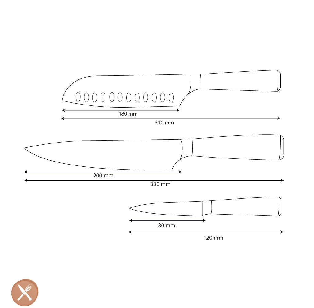Shinrai Knives – 3-teiliges Messerset mit Damaszener-Print – Kochmesser + Santoku + Schälmesser