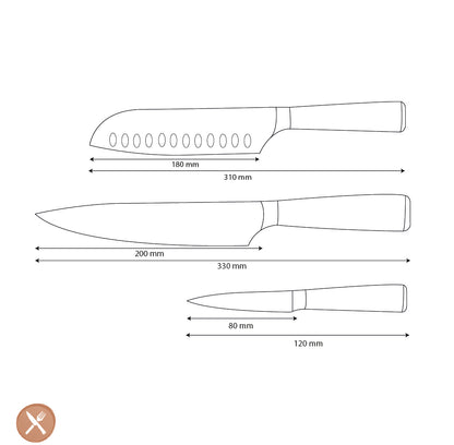 Shinrai Knives – 3-teiliges Messerset mit Damaszener-Print – Kochmesser + Santoku + Schälmesser