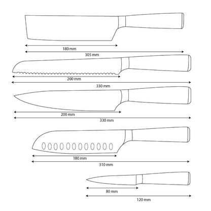 Shinrai Knives – 5-teiliges Messerset mit Damascus-Print und Epoxy-Onyx – Kochmesser + Brotmesser + Nakiri + Santoku + Schälmesser
