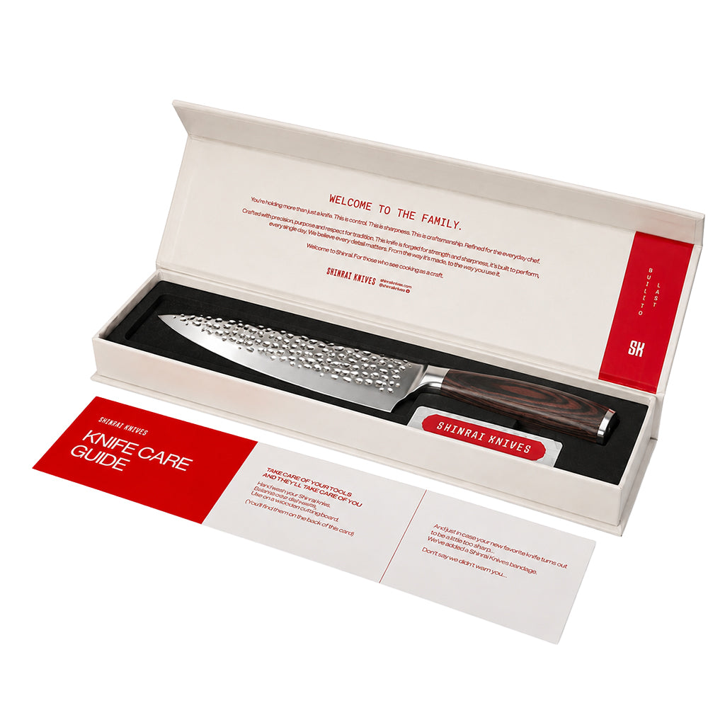 Shinrai Knives – 4-teiliges Messerset aus gehämmertem Edelstahl – Kochmesser + Brotmesser + Nakiri + Schälmesser