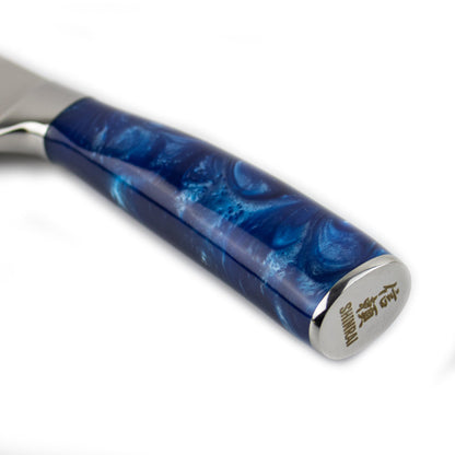 Shinrai Knives - Damascus Print Epoxy Saphir Nakiri Messer 18 cm