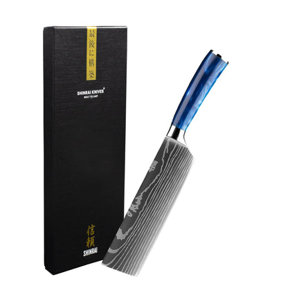 Shinrai Knives - Damascus Print Epoxy Saphir Nakiri Messer 18 cm