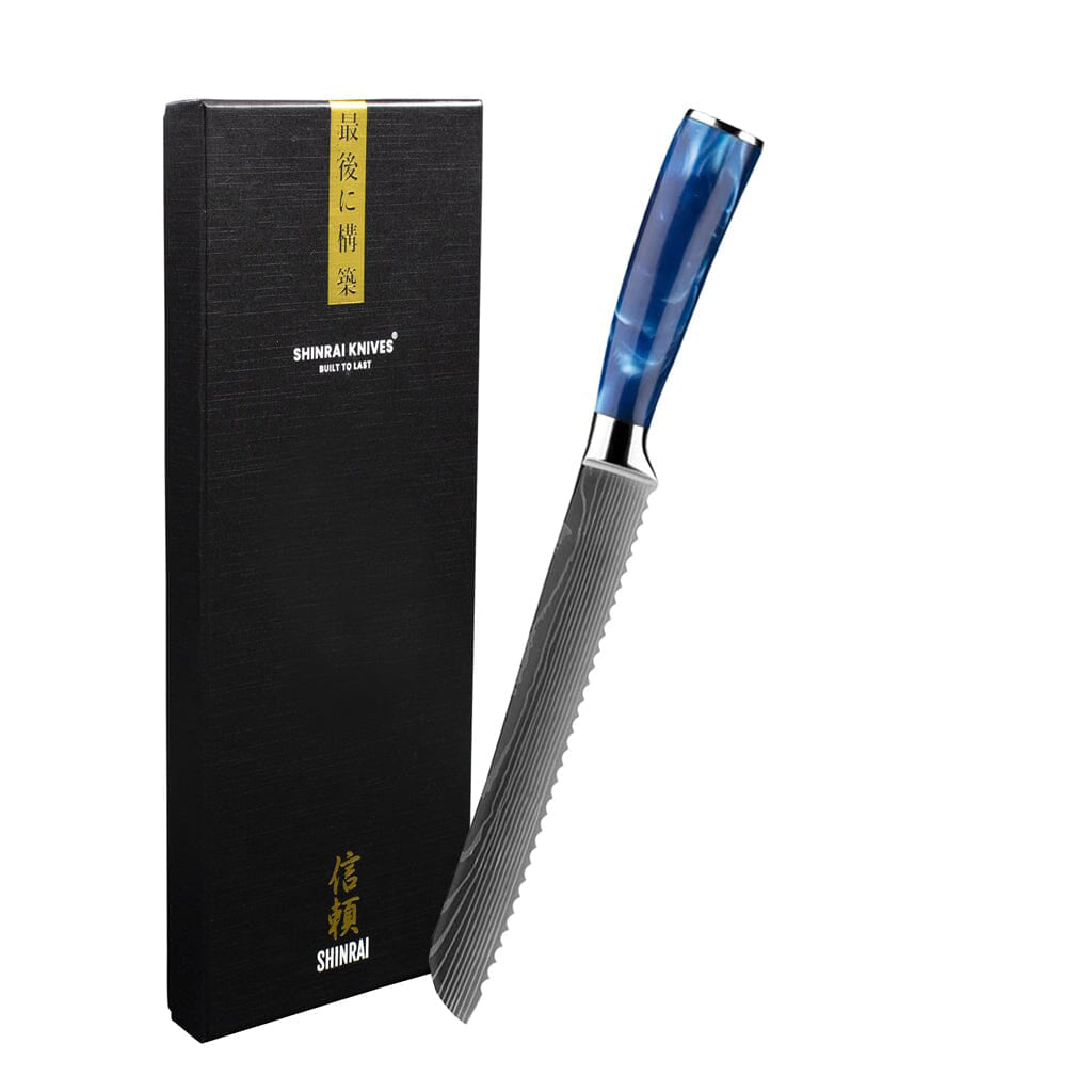 Shinrai Knives - Brotmesser mit Damaszener-Print und Epoxid-Saphir, 20 cm