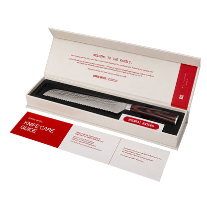 Shinrai Knives – 4-teiliges Messerset aus gehämmertem Edelstahl – Kochmesser + Brotmesser + Nakiri + Schälmesser