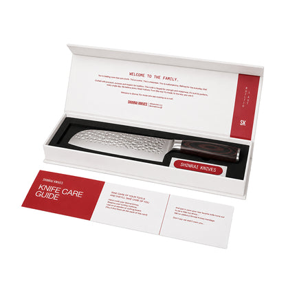 Shinrai Knives - 4-teiliges Messerset aus gehämmertem Edelstahl - Santoku + Brotmesser + Nakiri + Schälmesser