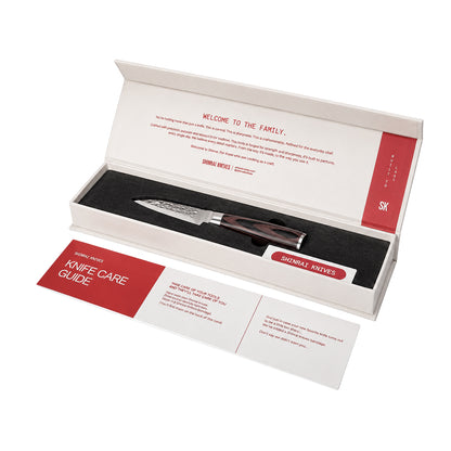 Shinrai Knives – 4-teiliges Messerset aus gehämmertem Edelstahl – Kochmesser + Brotmesser + Nakiri + Schälmesser