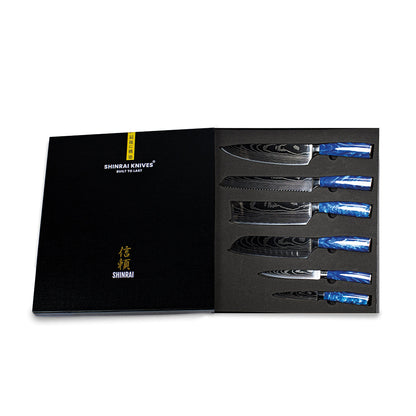 Shinrai Knives – 6-teiliges Messerset mit Epoxy-Saphir-Damaskus-Druck + magnetischer Messerblock Scalae – Akazienholz
