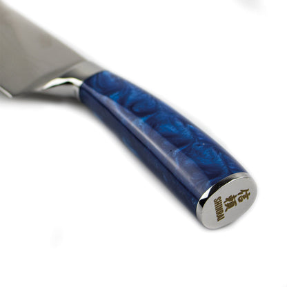 Shinrai Knives – 6-teiliges Messerset mit Epoxy-Saphir-Damaskus-Druck + magnetischer Messerblock Scalae – Akazienholz