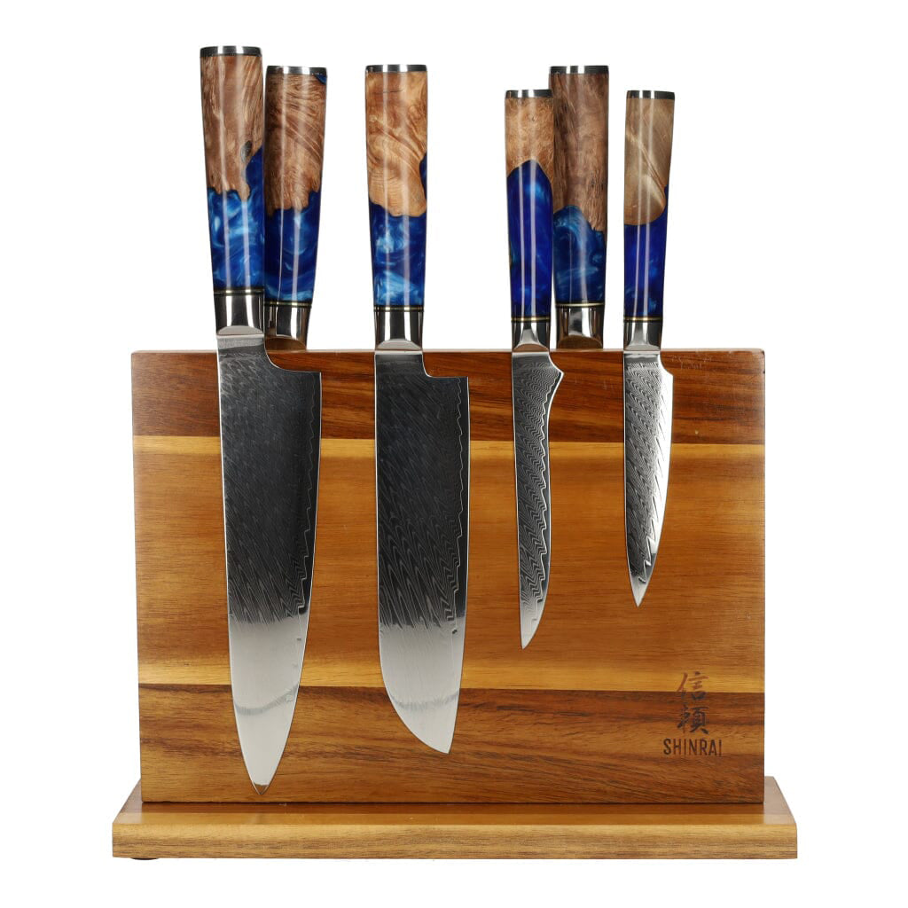 Shinrai Japan - Ensemble de couteaux Damas 6 pièces Epoxy Sapphire + bloc de couteaux magnétique