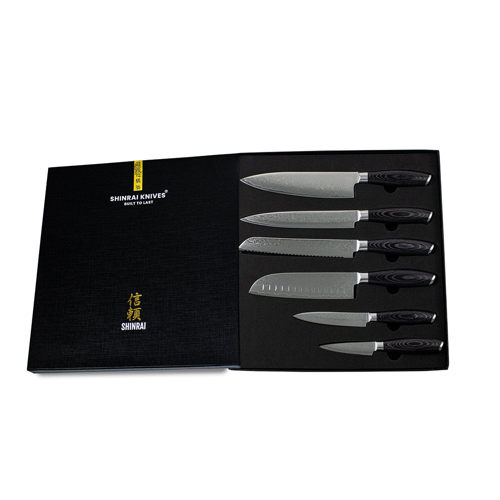 Shinrai Japan - Ensemble de couteaux 6 pièces en bois Damask Pakka + bloc de couteaux magnétique Scalae - Bois d&#39;acacia