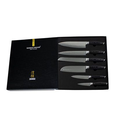 Shinrai Japan - Ensemble de couteaux 6 pièces en bois Damask Pakka + bloc de couteaux magnétique Scalae - Bois d&#39;acacia