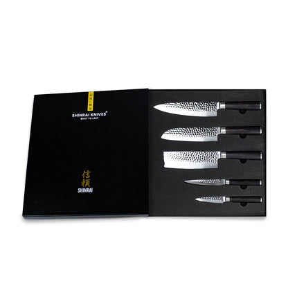 Shinrai Japan - Ensemble de couteaux 5 pièces Hammered Damask BR + bloc de couteaux magnétique Scalae - Bois d&#39;acacia