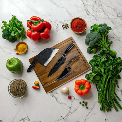 Shinrai Japon - 3 couteaux Forgés Marron + Planche à découper