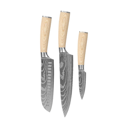 Shinrai Knives - Akari Damast-Optik 3-teiliges Set - Kochmesser + Santoku + Schälmesser