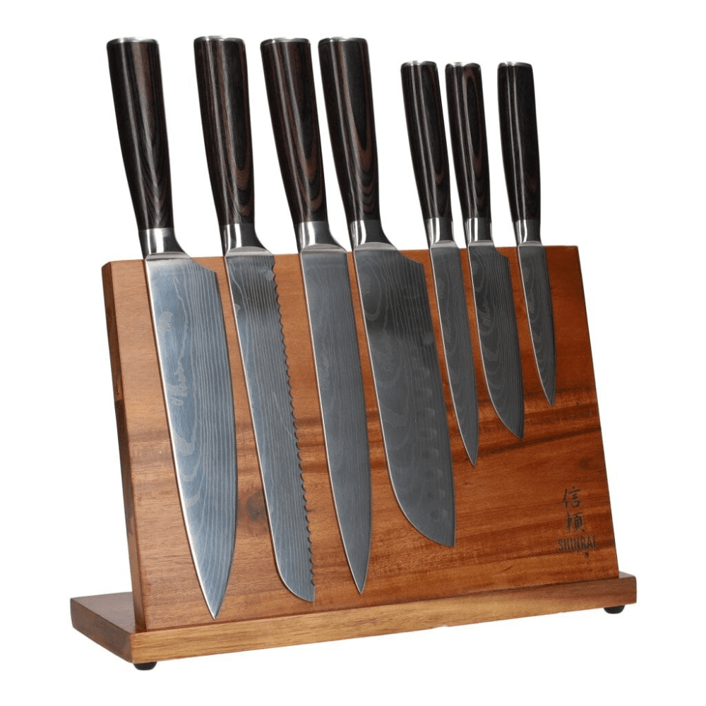 Damascus Print 7-delige Messenset + Magnetisch Messenblok Enkelzijdig Messenset met blok Shinrai Knives 