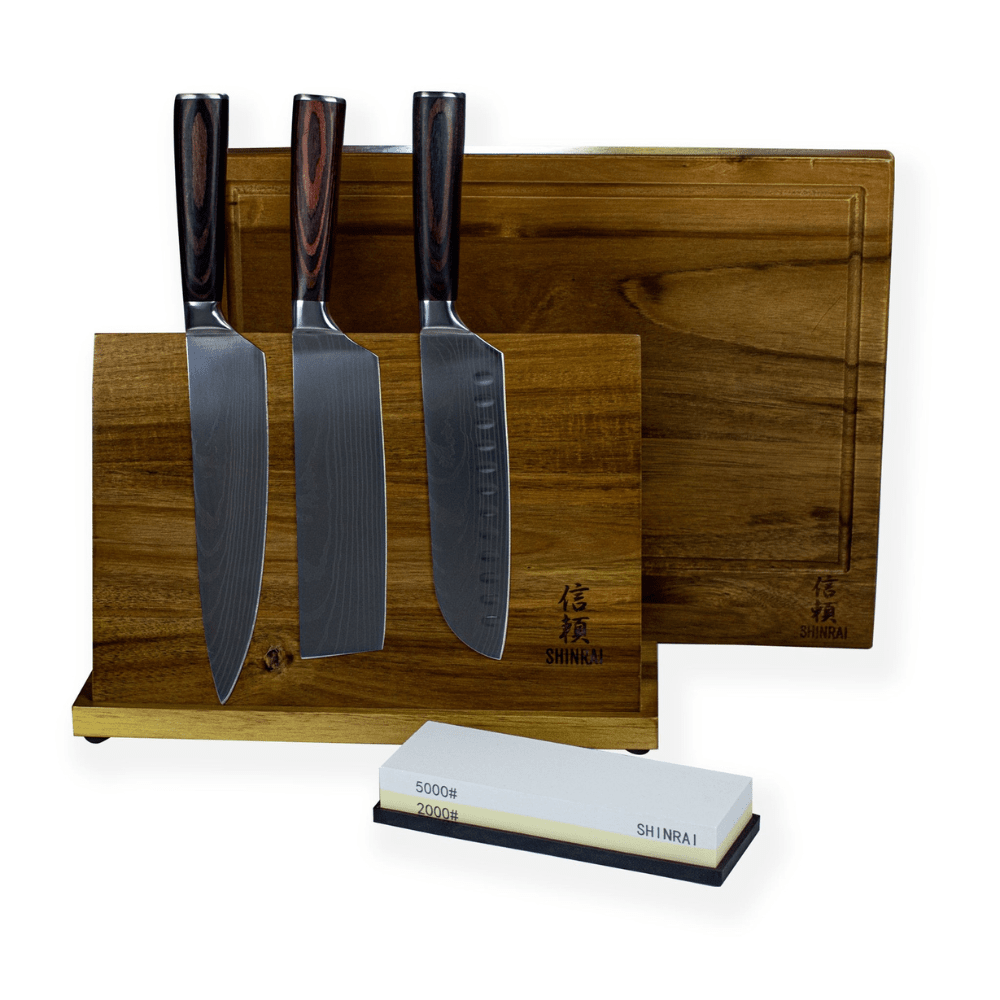 Damast Print 3-delige Messenset - Combideal XXXL Messenset met blok, snijplank en slijpsteen Shinrai Knives 