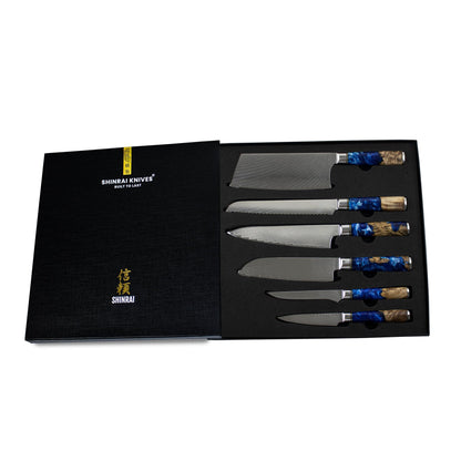 Epoxy Sapphire 6-delige Messenset + Magnetisch Messenblok Messenset met blok Shinrai Knives 
