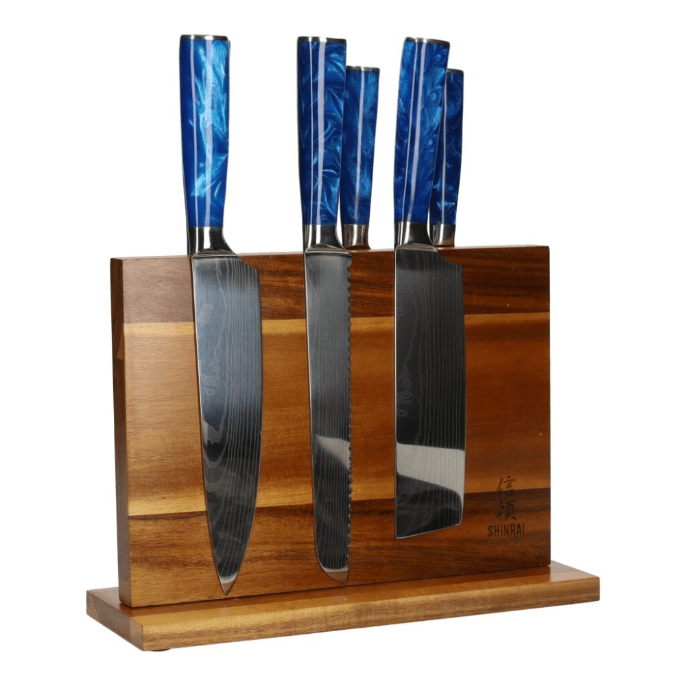 Epoxy Sapphire Damascus Print 6-delige Messenset + Acacia houder dubbelzijdig Messenset met blok Shinrai Knives 