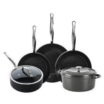 Batterie de cuisine GreenPan - Barcelona Pro XL 6 pièces (20/24/28/22 cm) : 2 poêles à frire, 1 cocotte avec couvercle, 1 wok et 1 plat à gratin.