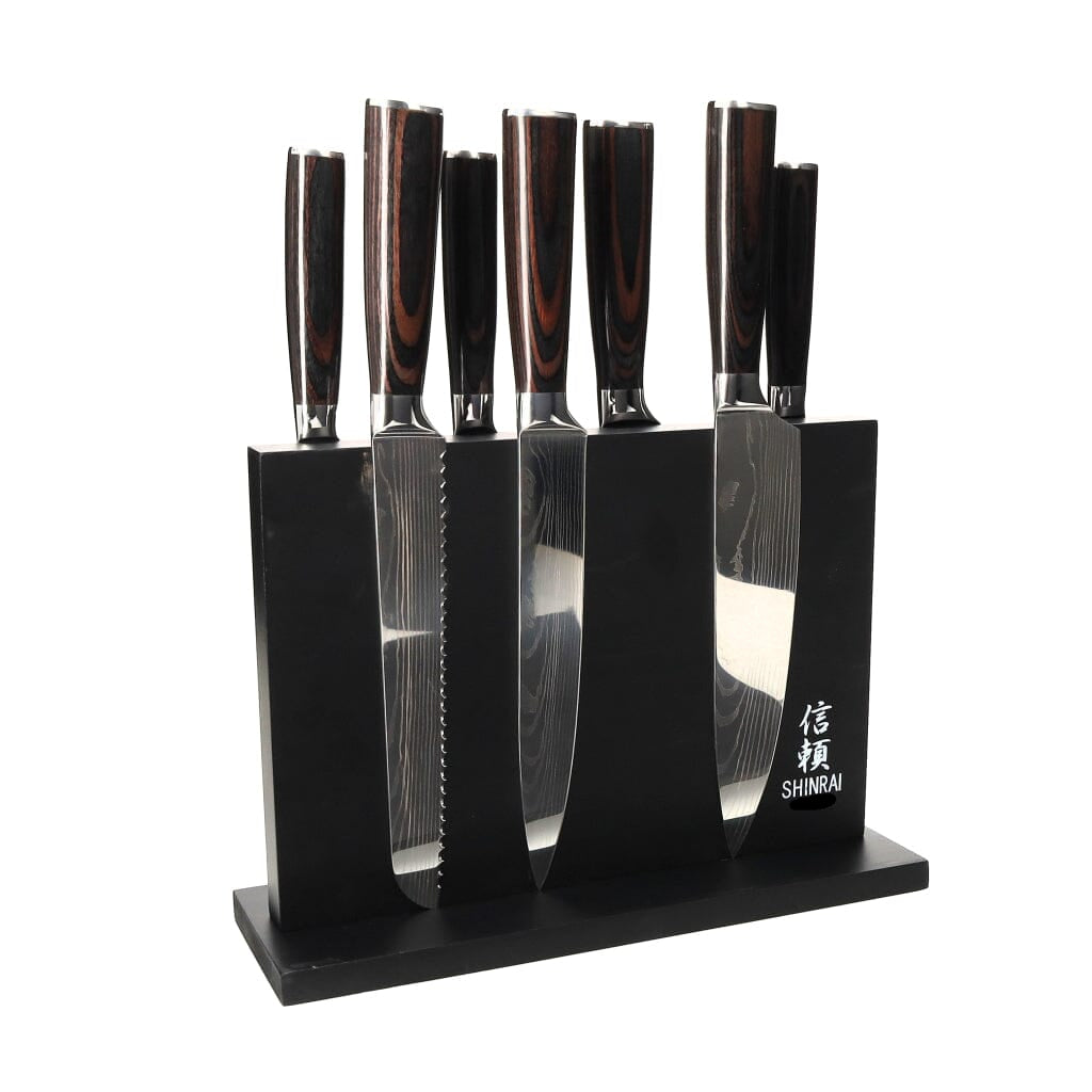 Shinrai Japan - Damascus Print 7-delige Messenset + Magnetisch Messenblok Dubbelzijdig - Zwart Messenset met blok Shinrai Japan 